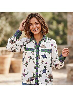 LOFT Floral Paisley Button Down Blouse Long Sleeve Boho Cottagecore Top Viscose